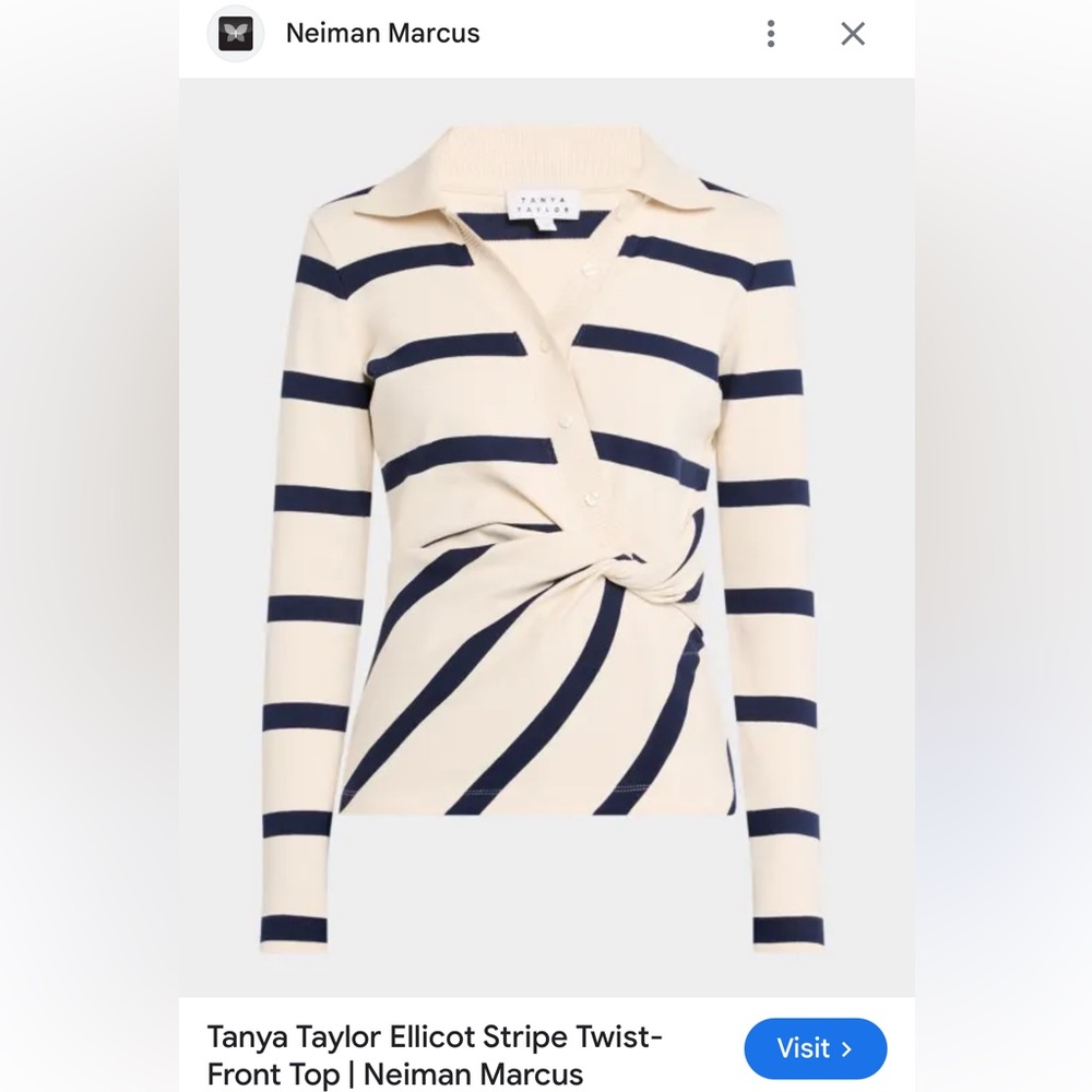 Tanya Taylor Cream and Navy Striped Twist-Front Polo Top